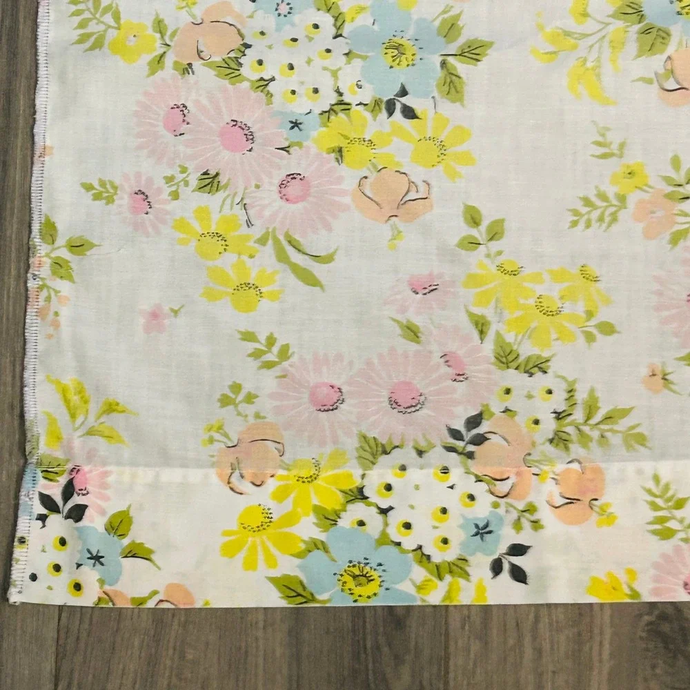 Vintage 70s Floral Fabric Sheet Pastel Daisy Pink Blue Yellow 101x74 Cottagecore